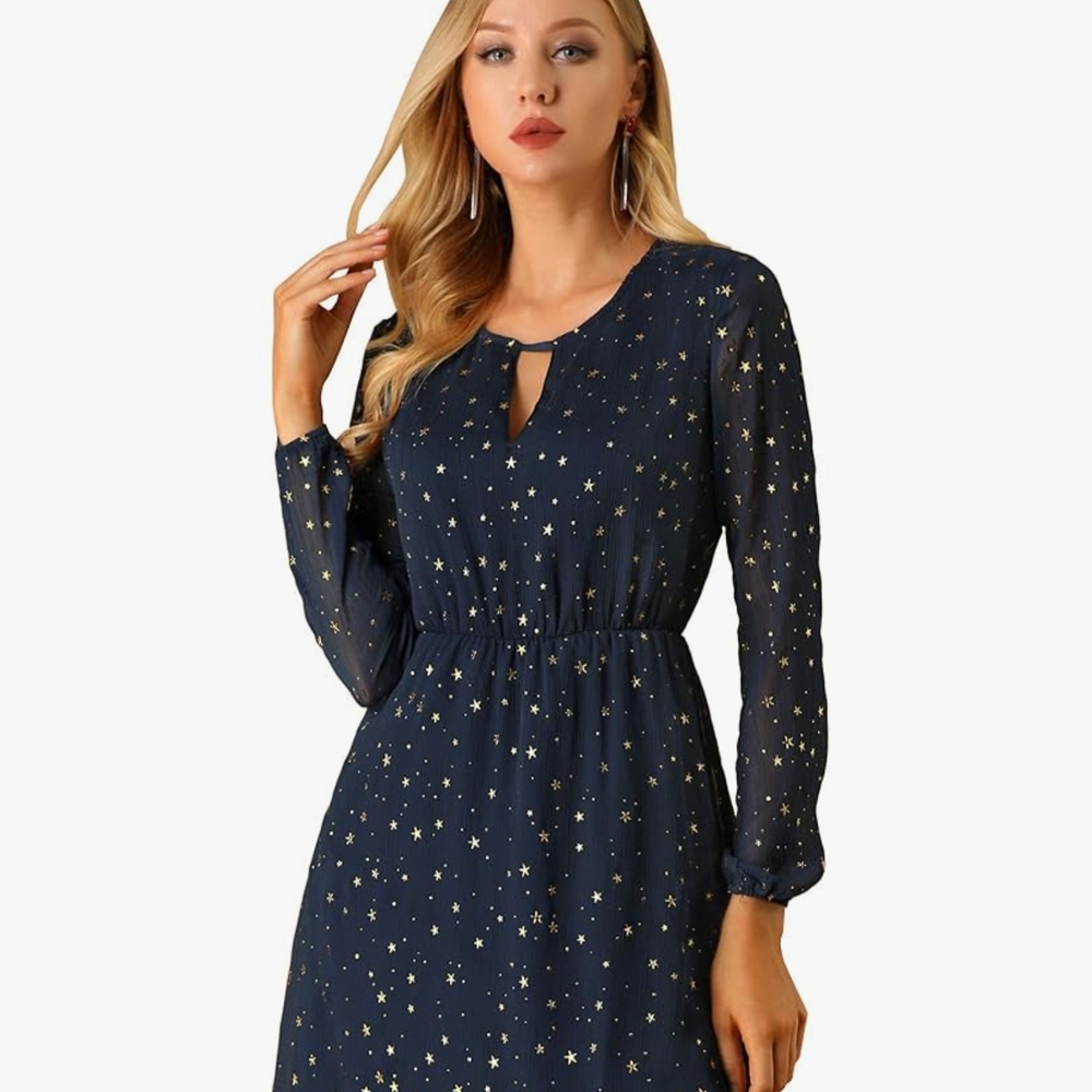 Allegra K Navy Starry Long Sleeve Dress